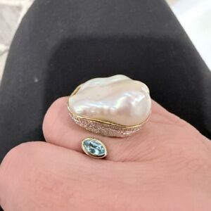 Elegant Tahitian Pearl and Blue Topaz Silver Ring 7